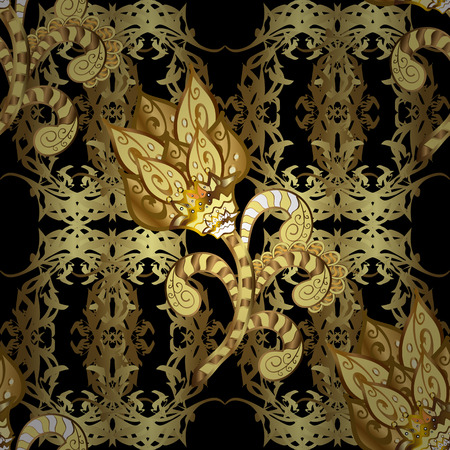 Symbol holiday, New Year celebration vector golden pattern with elements. Christmas gold snowflake seamless pattern. Winter snow texture sketch. Golden snowflakes on black, yellow and brown colors.のイラスト素材