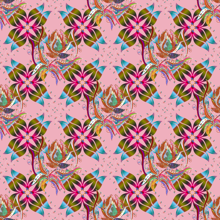 Doodle flowers seamless pattern. Vector pattern. Art inspipink, green and blue style flowers and leaves background. Pink, green and blue hand drawn pattern.のイラスト素材