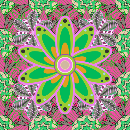 Floral seamless pattern with bright summer flowers in green, pink, gray colors. Endless vector texture for romantic design, decoration, greeting cards, posters, wrapping, for textile print and fabric.のイラスト素材