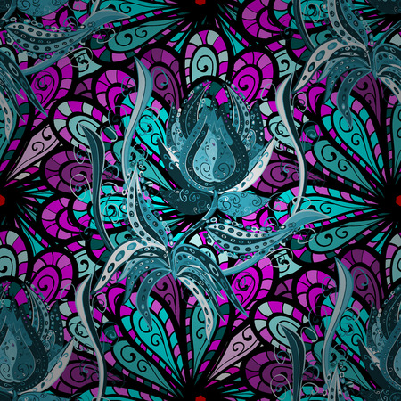 Illustration of blue, black, magenta and pink flowers. pattern with flowers on motley background.のイラスト素材