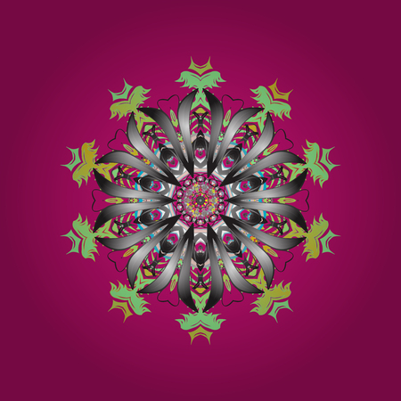 Vector illustration. Abstract mandala or whimsical snowflake line art design. Isolated cute snowflakes on colorful background.のイラスト素材