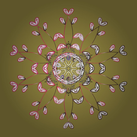 New year snowflake. Cute abstract snowflake vector design on yellow, white and pink colors. Flat snow doodle icons, snow flakes silhouette in yellow, white and pink colors for christmas banner, cards.のイラスト素材