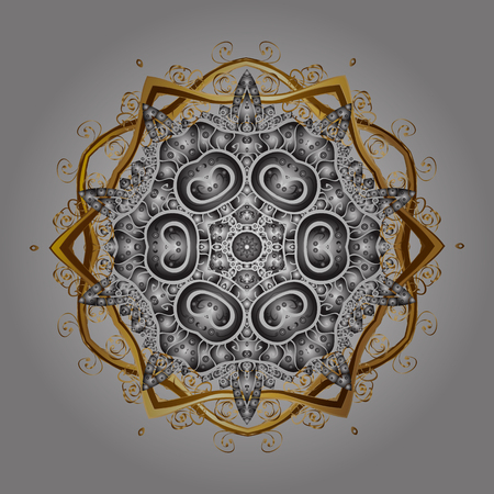 Hand-drawn, stylish doodle in tatto style, fabric design and cards in Vector illustration. Contour gray, brown and yellow mandala shaped snowflakes for art therapy style zen drawing.のイラスト素材