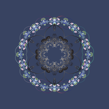 Hand-drawn, stylish doodle in tatto style, fabric design and cards in Vector illustration. Contour blue, gray and neutral mandala shaped snowflakes for art therapy style zen drawing.のイラスト素材