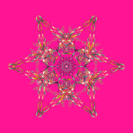 Flat snow doodle icons, snow flakes silhouette for christmas banner, cards. New year snowflake. Cute abstract snowflakes vector design on magenta, pink and gray colors.のイラスト素材