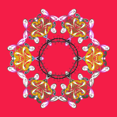 Isolated cute snowflakes on colorful background. Vector illustration. Red, white and yellow colors with snowflakes.のイラスト素材