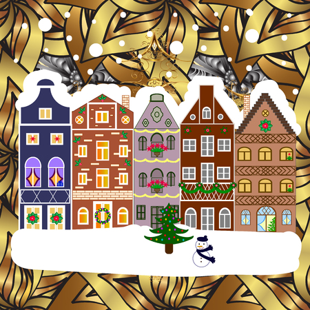Holiday background with a christmas tree and houses over a background. Vector illustration.のイラスト素材