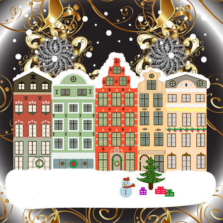 Snowy street. Urban winter landscape. Christmas card Happy Holidays banner. Flat design. Vector illustration.のイラスト素材