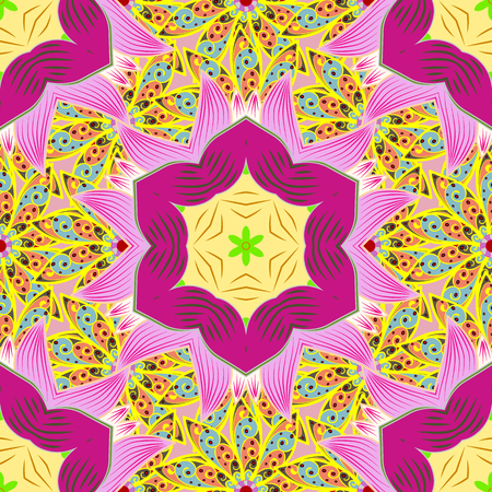 Tropical seamless floral pattern. Raster illustration. Flowers on yellow, magenta and pink colors.のイラスト素材