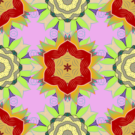 Raster Floral Illustration in nice textile. Elegance seamless pattern with ethnic flowers on pink, yellow and green colors.のイラスト素材