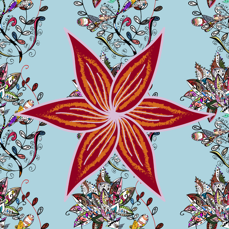 Flat Flower Elements Design. Seamless Floral Pattern in Raster illustration. Colour Spring Theme seamless pattern Background. Flowers on neutral, red and black colors.のイラスト素材