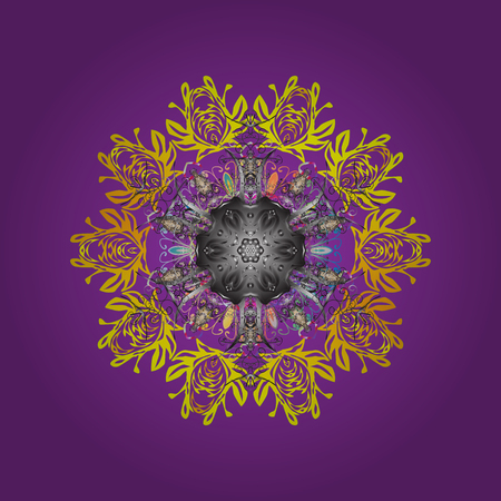 Isolated cute snowflakes on colorful background. Snowflake raster pattern in violet, yellow and gray snowflakes on a violet, yellow and gray colors in raster illustration.のイラスト素材