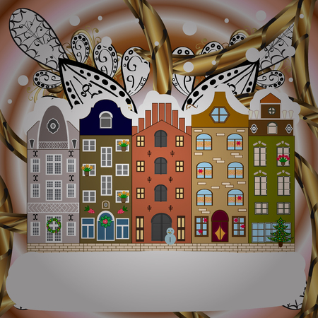 Flat design. Christmas card Happy Holidays banner. Raster illustration. Snowy street. Urban winter landscape.のイラスト素材
