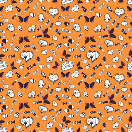 Design. Oriental ethnic pattern. Vector. Anti stress valentine vintage decorative element. Coloring book page design. Seamless pattern Heart, love. Hand drawn on orange, white and violet colors.のイラスト素材