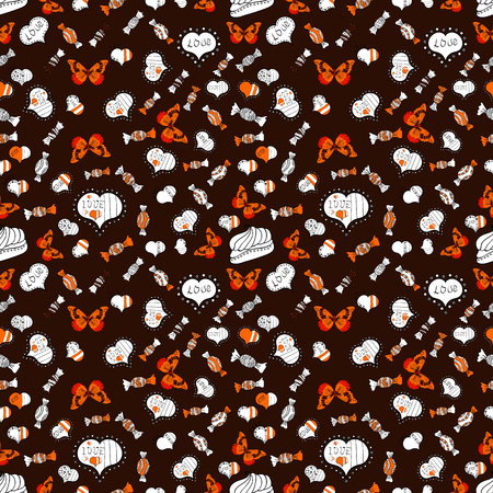 Love repeated backdrop for girl, textile, clothes. Vector illustration. Valentine':s day. Seamless love pattern. Wrapping paper. Sketch heart elements on brown, white and orange colors.のイラスト素材