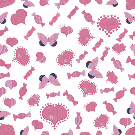 seamless pattern of butterflies, hearts and candies on white background. Vector illustration.のイラスト素材