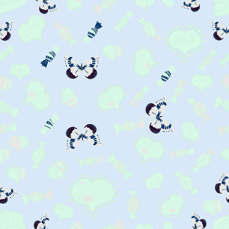 seamless pattern of butterflies, hearts and candies on color background. Vector illustration.のイラスト素材