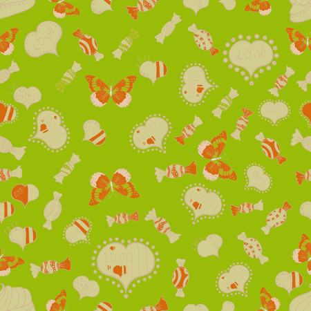 Elements on green, beige and orange colors. Valentines Day   Seamless Hearts pattern. Vector illustration.のイラスト素材