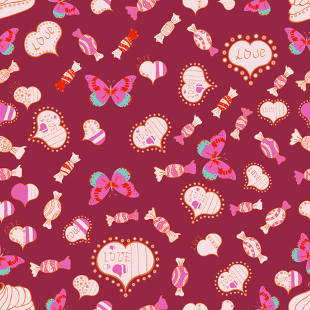 seamless pattern of butterflies, hearts and candies on color background. Vector illustration.のイラスト素材
