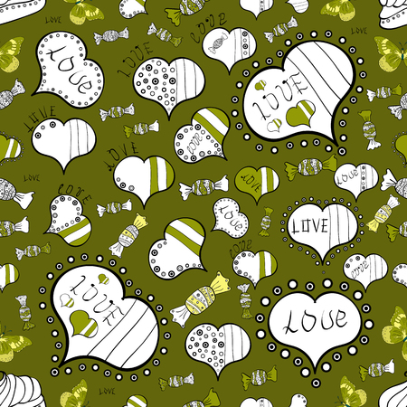 seamless pattern of butterflies, hearts and candies on color background. Vector illustration.のイラスト素材