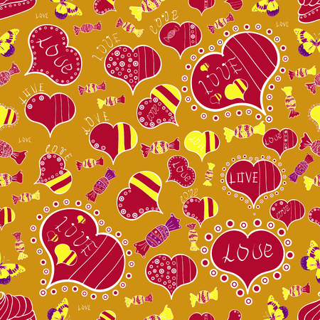 seamless pattern of butterflies, hearts and candies on color background. Vector illustration.のイラスト素材