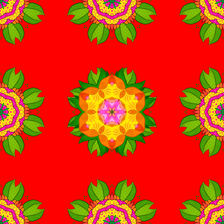 Vector illustration. Islam, Arabic, Indian, turkish, pakistan, chinese, ottoman motifs. Abstract Mandala. Oriental colored pattern on red, green and yellow colors. Vintage decorative elements.のイラスト素材