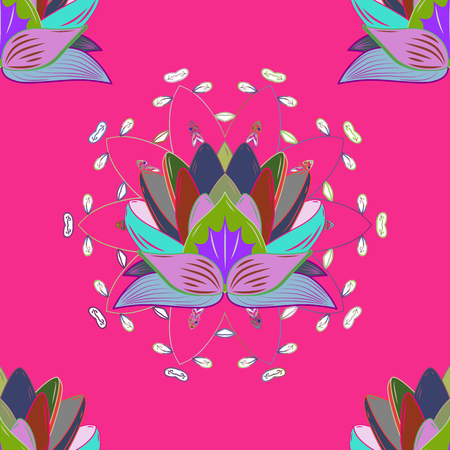 Design gift wrapping paper, greeting cards, posters and banner design. Flowers on pink, blue and green colors. Vector flat flowers seamless pattern.のイラスト素材