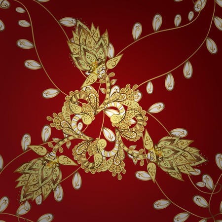 Vector golden pattern. Flat hand drawn vintage collection. Golden pattern on red, yellow and brown colors with golden elements. Backdrop, fabric, gold wallpaper.のイラスト素材