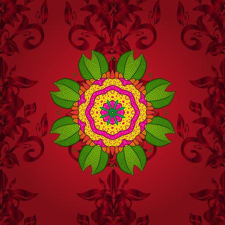 Seamless floral pattern with doodles flowers on red, green and yellow colors. Vector illustration.のイラスト素材