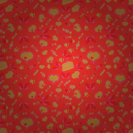 Seamless festive texture with doodle hearts and love inscription. Elements red, yellow and pink colors on background. Vector pattern for your creativity.のイラスト素材