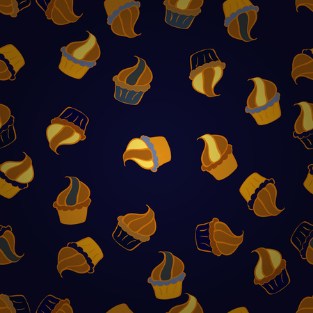 Texture for prints, decorations, fabric. Cupcake seamless pattern colorful cream dessert backdrop on gray, orange and yellow vector. Muffin sweet texture background.のイラスト素材