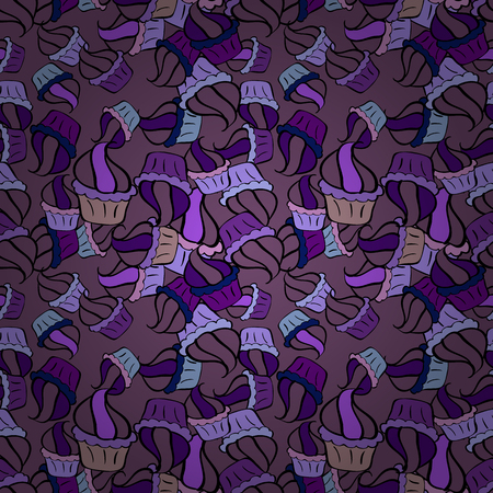 Cute birthday pattern on purple, violet and black. Vector cupcake illustration. Hand drawn cupcakes. Doodle cakes with cream. Vector illustration.のイラスト素材