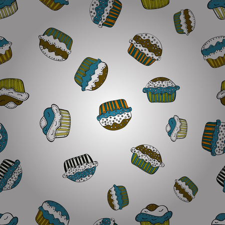 Seamless cupcakes hand drawn seamless pattern. Colorful background vector with collection of confectionery. Decorative wallpaper, good for printing. Romantic ornament, backdrop design.のイラスト素材