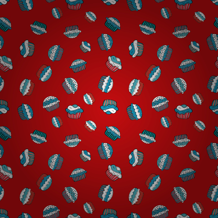 Seamless pattern of cupcakes on a red, blue and white background. Wrapping paper. Vector illustration.のイラスト素材