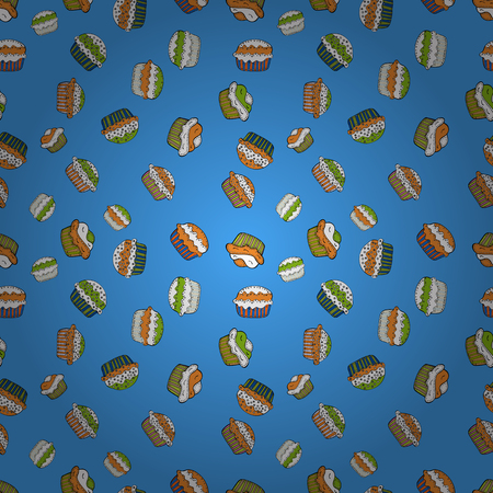 Cupcake seamless pattern. Muffin sweet texture background. Texture for prints, decorations, fabric. Colorful cream dessert backdrop on blue, white and orange. Vectorのイラスト素材