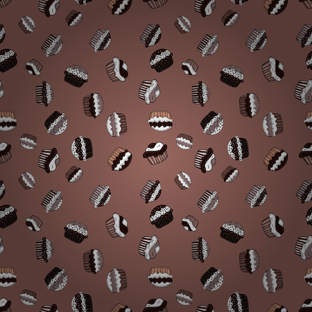 Seamless cakes pattern. Abstract backdrop for girls, wrapping paper. Food elements colorful repeated wallpaper on beige, brown and white. Vector illustration.のイラスト素材