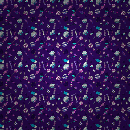 Sweet for textile, cards, web design: delicious realistic seamles background: graphic fantastic candy. Vector seamless pattern with candy in violet, blue and black.のイラスト素材