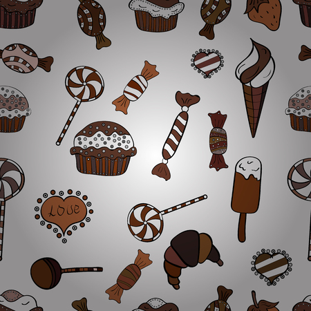 Colorful seamless pattern with candy abstract geometric style. Trendy vector background. On white, brown and black colors.のイラスト素材
