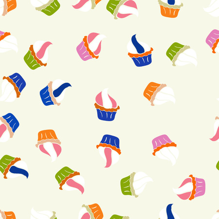 Vector. Seamless pattern with sweets - ice cream, cupcakes isolated on cute neutral, white and pink background. Can use for birthday card, the children menu, packaging, textiles, fabrics, wallpaper.のイラスト素材