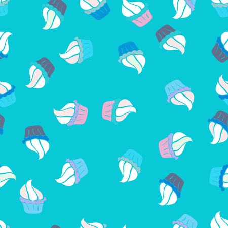 Cupcake seamless pattern. Wrapping paper. Vector illustration. Cute birthday background on blue, white and neutral. Sweets background design.のイラスト素材