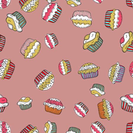For food poster design. Seamless pattern cake. Bright birthday pattern on pink, white and yellow. Vector illustration.のイラスト素材