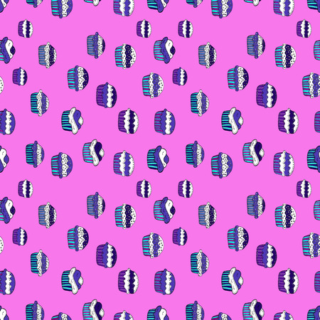 A Seamless of Variety Muffins, Poppy seed, Chocolate Chip, Pumpkin Cream, Chocolate and Delicious Breakfast or Dessert Muffins. Pattern on pink, white and blue. Vector illustration.のイラスト素材