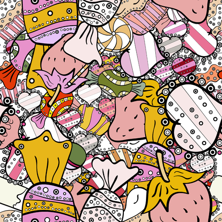 Candies on black, pink and white colors vector doodle seamless pattern with watercolor.のイラスト素材