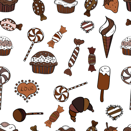 Seamless pattern of sweet candy on white, brown and black colors. Vector illustration.のイラスト素材