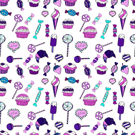 Trendy vector background. On white, violet and black colors. Colorful seamless pattern with candy abstract geometric style.のイラスト素材