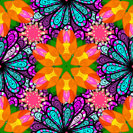 Colored elements. Abstract raster decorative ethnic mandala sketchy. Orange, black and blue colors.のイラスト素材