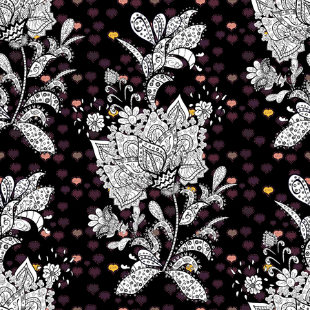 Seamless damask classic white and cute pattern. Vector abstract background with repeating elements. Cute pattern on black, white and brown colors with cute elements.のイラスト素材