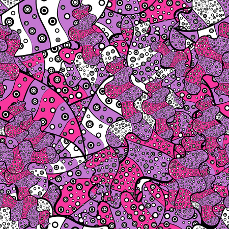 Vector illustration. Design. Seamless Print. Flat doodles. Cute fabric pattern. Elements black, violet and pink on colors.のイラスト素材