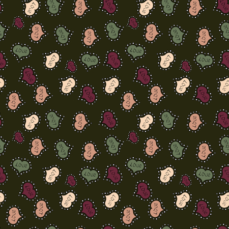 Seamless background of big and small hearts with swirls in gray, black and green colors. Vector illustration.のイラスト素材