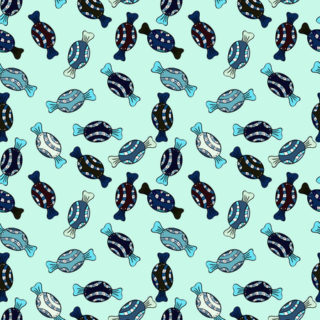 Vector illustration. Seamless pattern with watercolor sweets candies, hand drawn isolated on a neutral, blue and black background.のイラスト素材